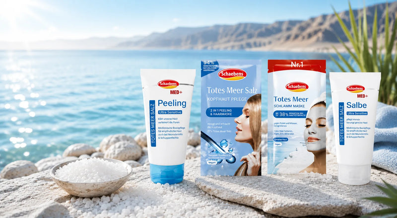 Schaebens Totes Meer Salz Produkte vor Meeresküste