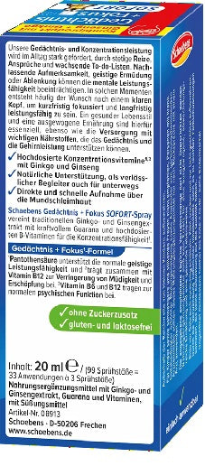 Schaebens Gedächtnis + Fokus Spray, geistige Leistungsfähigkeit, Inhalt 20ml