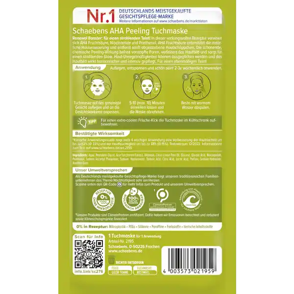 Schaebens AHA Peeling Tuchmaske, Regenerations-Booster für strahlenden Teint Gesundheit & Schönheit schaebens-shop