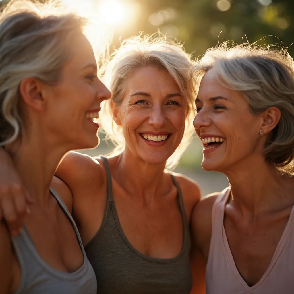 Drei Frauen lachen gemeinsam in der Abendsonne