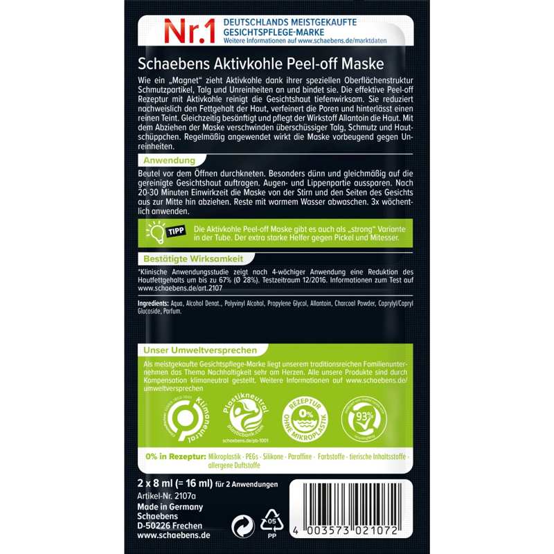 Schaebens Aktivkohle Peel-Off Maske Inhalt 2 x 8 ml Gesundheit & Schönheit schaebens-shop